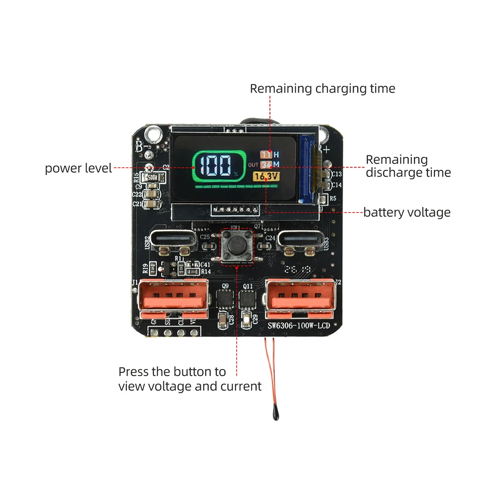 4S 100W PD Bidirectional Lithium Battery Fast Charger Module with HD Color Screen SW6306 Power Bank Mainboard Charge-Discharge