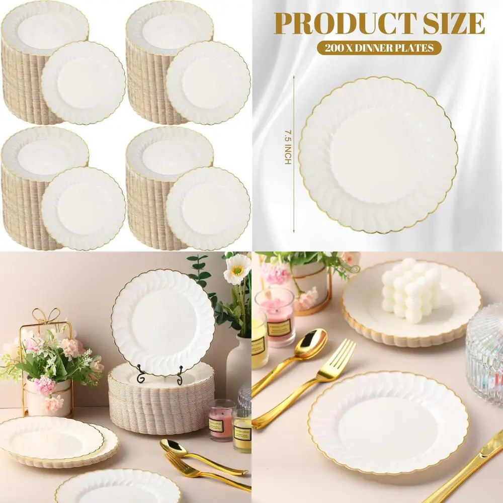 

7.5 Inch Ivory Gold Rimmed Plastic Plates Disposable Bulk Elegant Fancy Salad Dessert Appetizer Cake Plates for Special Events
