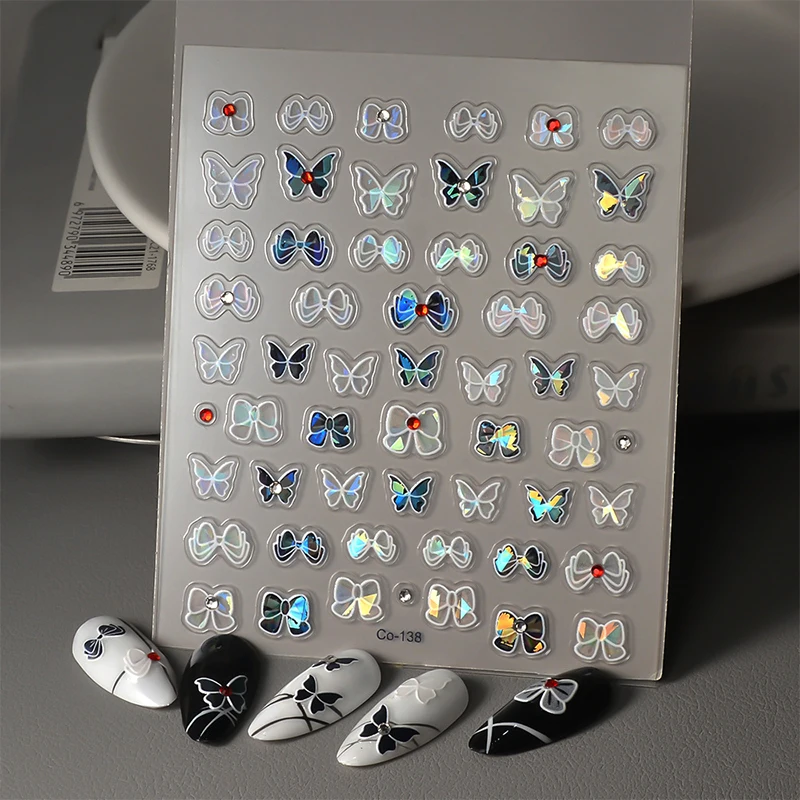 Colorful Shell Light Butterfly Crystal Diamond Nail Stickers Ice Through Bowknot Flower Relief Nail Art Stickers Nail DIY Decore