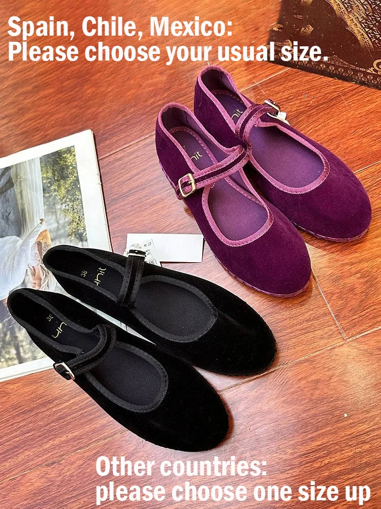 Hand Stitch Mary Janes Shoes Woman 2024 Trend Velvet Elegant Ballet Flats Shoes Spring Autumn Casual Buckle Strap Canvas Loafers