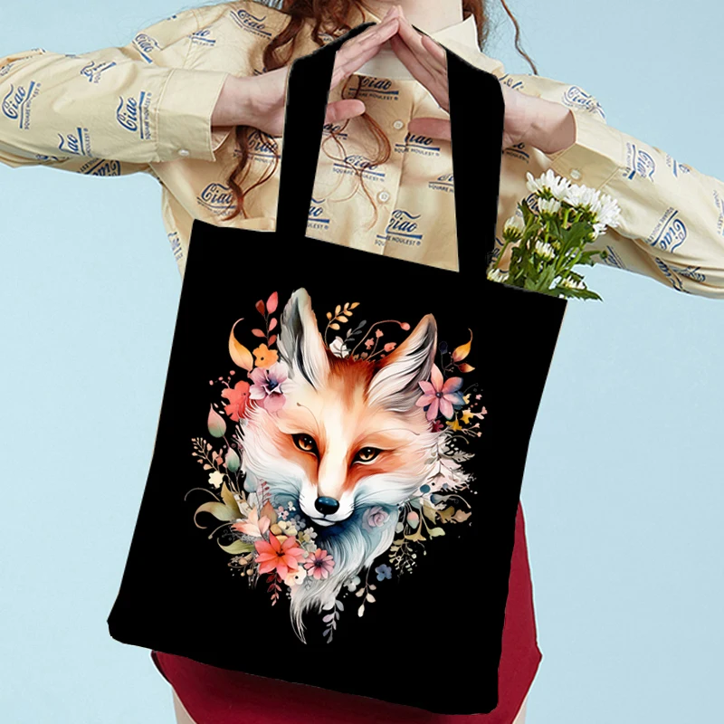 

Watercolor Animals Print Shoulder Bag Women Men Cartoon Fox Tote Bags Casual Large-capacity Teen Shopping Bag Canvas Handbag