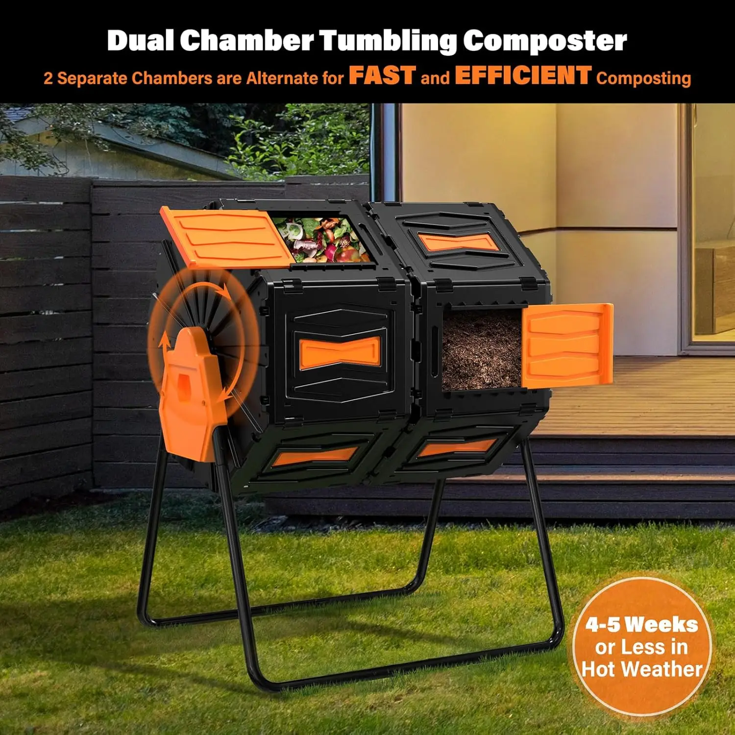 Outdoor Garden, Kitchen, Yard Waste Composting, BPA-free Material, Orange Door, 45 Gallon Dual Chamber Rotating Composter