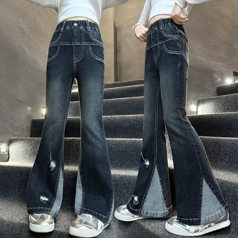 

Kids New Design Spring Autumn Patchwork Flare Jeans for Tweens Girls Fashion Slim Fit Bootcut Denim Pants Child Elegant Trousers