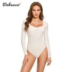 Women's Sexy Scoop Neck Bodysuit Long Sleeve Cotton Shapewear Jumpsuit Tops Bodycon Rompers One Piece Plus Size Black White