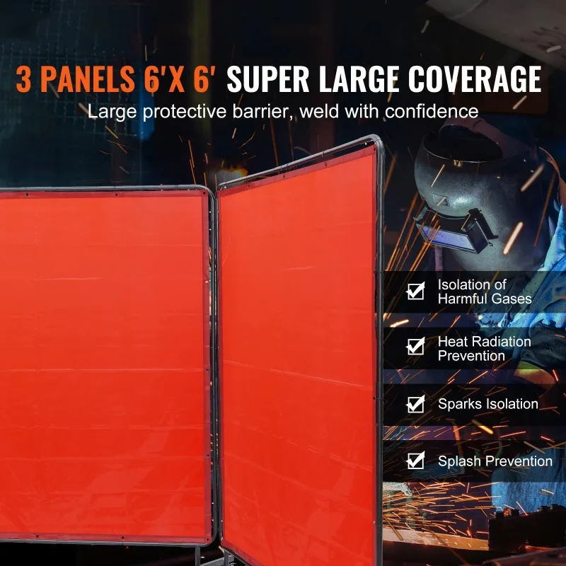 SucceBuy Welding Screen with Frame 6' X 8' Flame-Resistant Vinyl 3 Panel Welding Curtain Screens 12 Swivel Wheels for Workshop