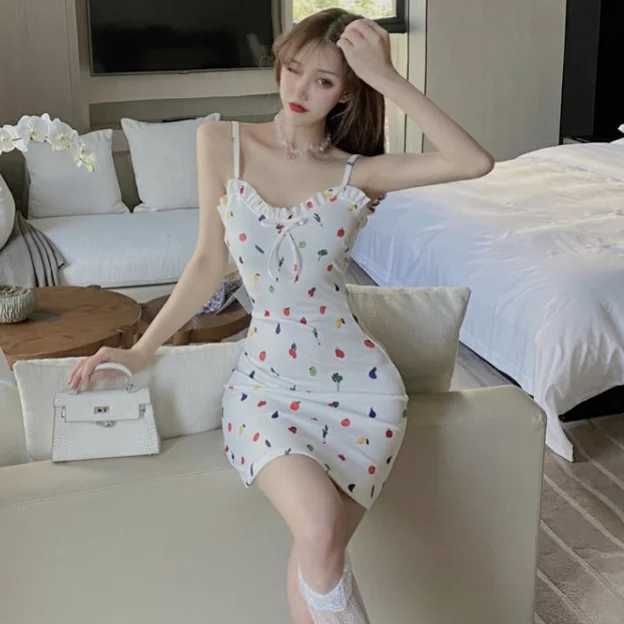 Summer Sling Dress Sexy Age Reduction Frill Trim Strap Mini Dress Cute Fruit Vegetable Print Dresses For Women Clothes Sundress