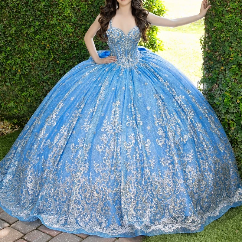 

Blue Shiny Ball Gown Quinceanera Dresses Off the Shoulder Sequin Applique Lace Beads Bow Tull Party Birthday Vestidos 15 Anos