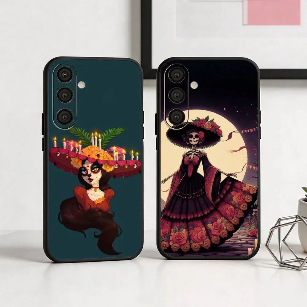 

D-Day of the Dead M-Mexican Catrina Skull Phone Case For Samsung A73,A21s,A22,A31,A32,A52,A53,A71,A80,Soft Black Shell
