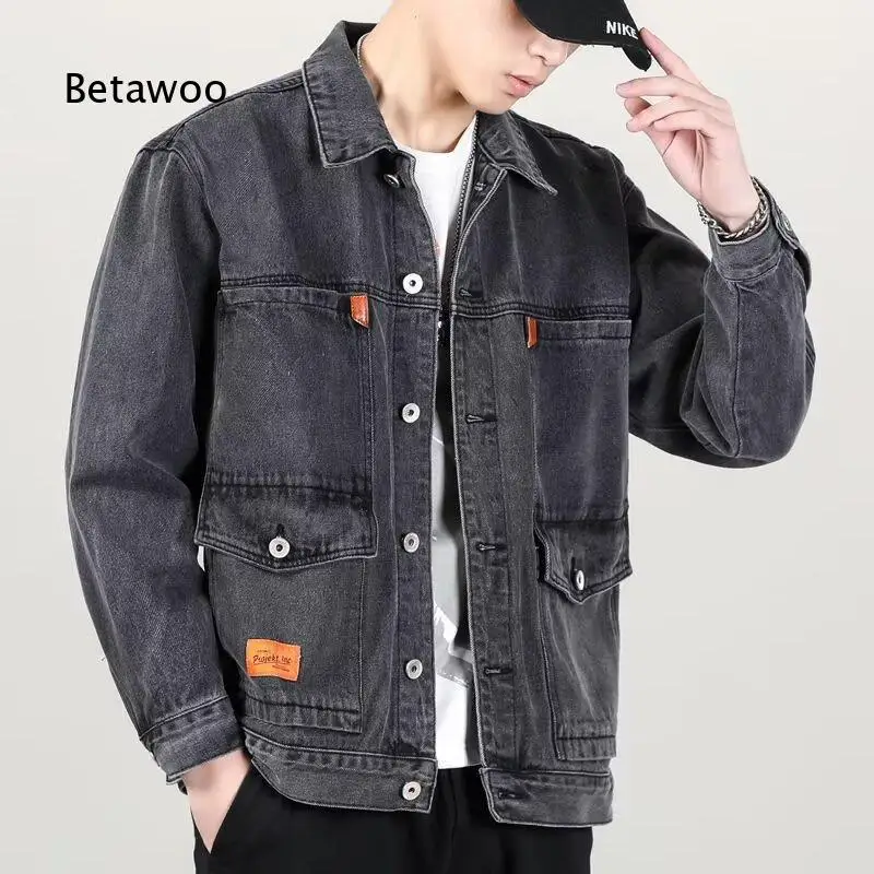Men Lapel Button Up Denim Trucker Jacket Multi Pockets Long Sleeve Outerwear for Street Daily Casual Wear