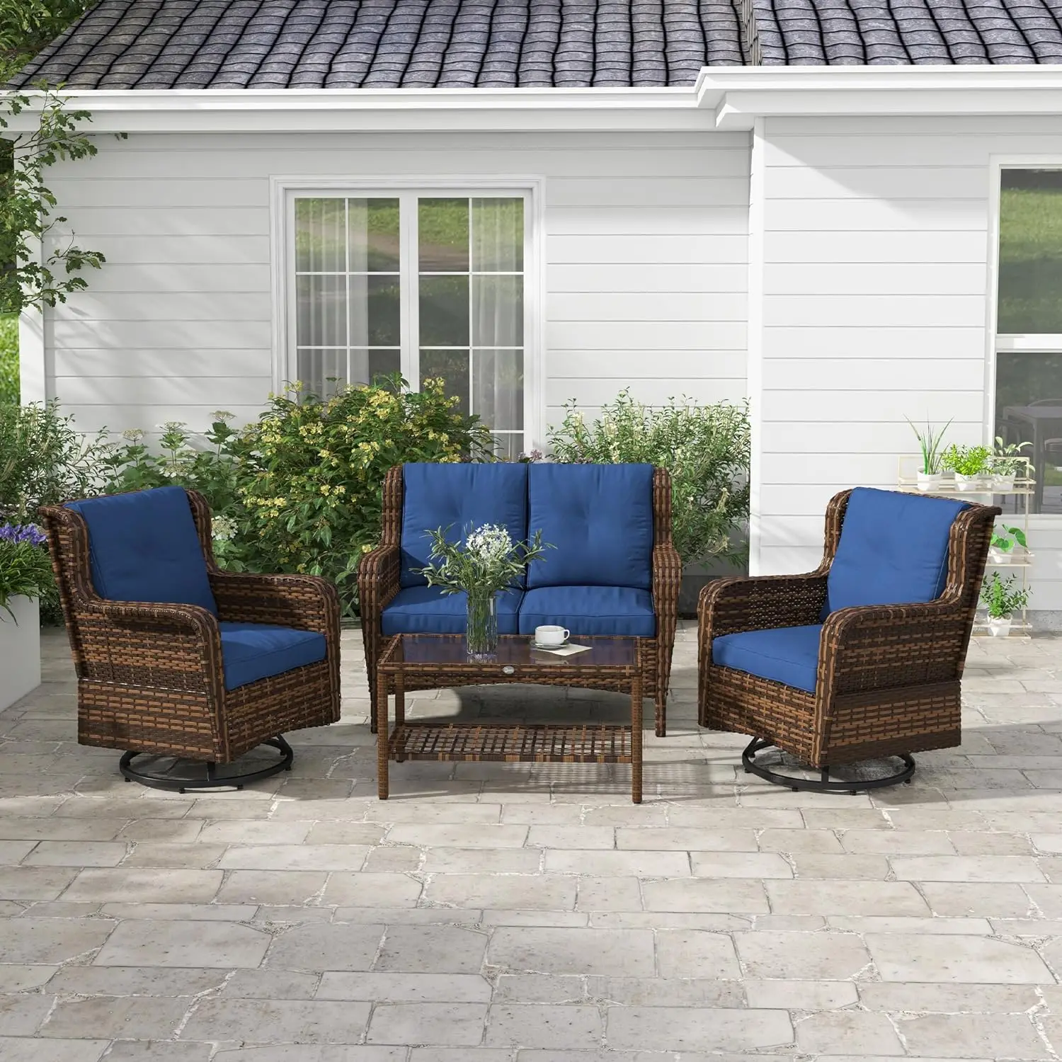 4 Piece PE Rattan Outdoor Patio Furniture Set, Wicker Conversation Set w/ 2 Swivel Rocking Chairs, 2-Tier Glass Table & Loveseat