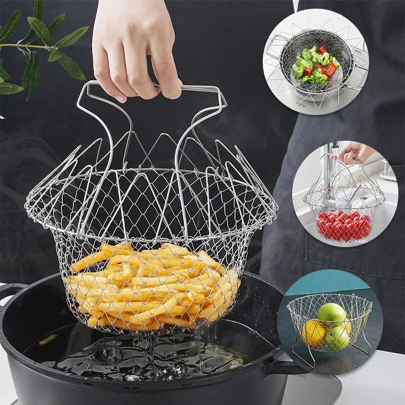 Multifunction Foldable Steam Rinse Strain Fry French Chef Basket Drainer Magic Basket Mesh Basket Strainer Net Kitchen Gadgets