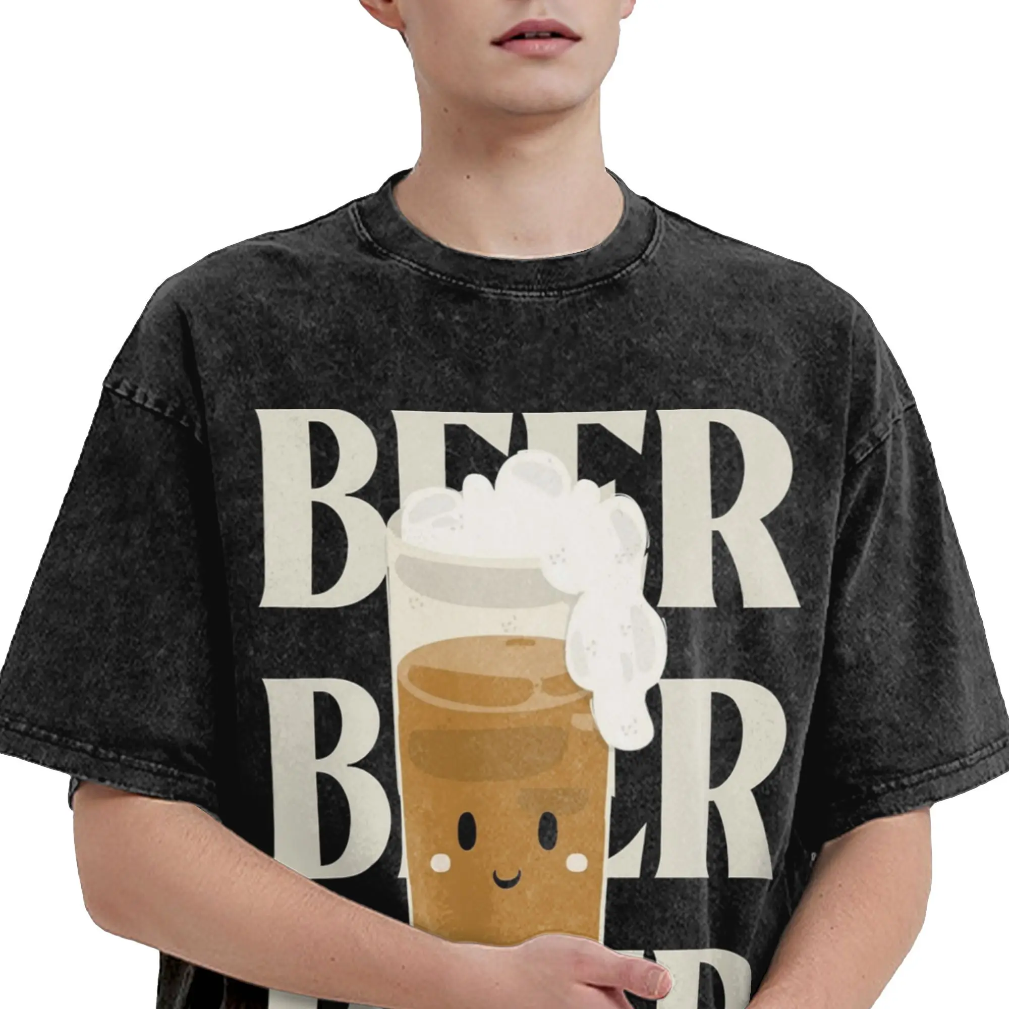 تي شيرت رجالي من Life is Short Drink Beer International Beer Day مغسول بأكمام قصيرة ورقبة دائرية، ملابس قطنية جرافيك