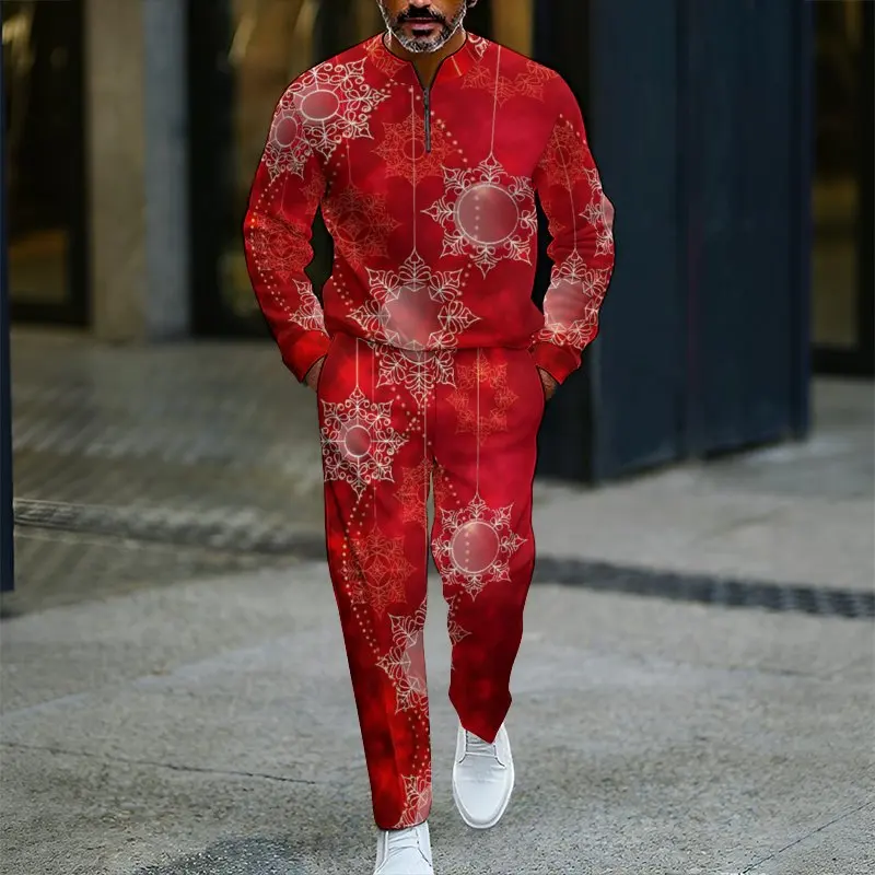 

2025 Men's Sporty Casual Long Sleeve LongPantsSetRedSnowflakePatternedSweatshirt Outfit Winter Christmas Essential Two-Piece Set