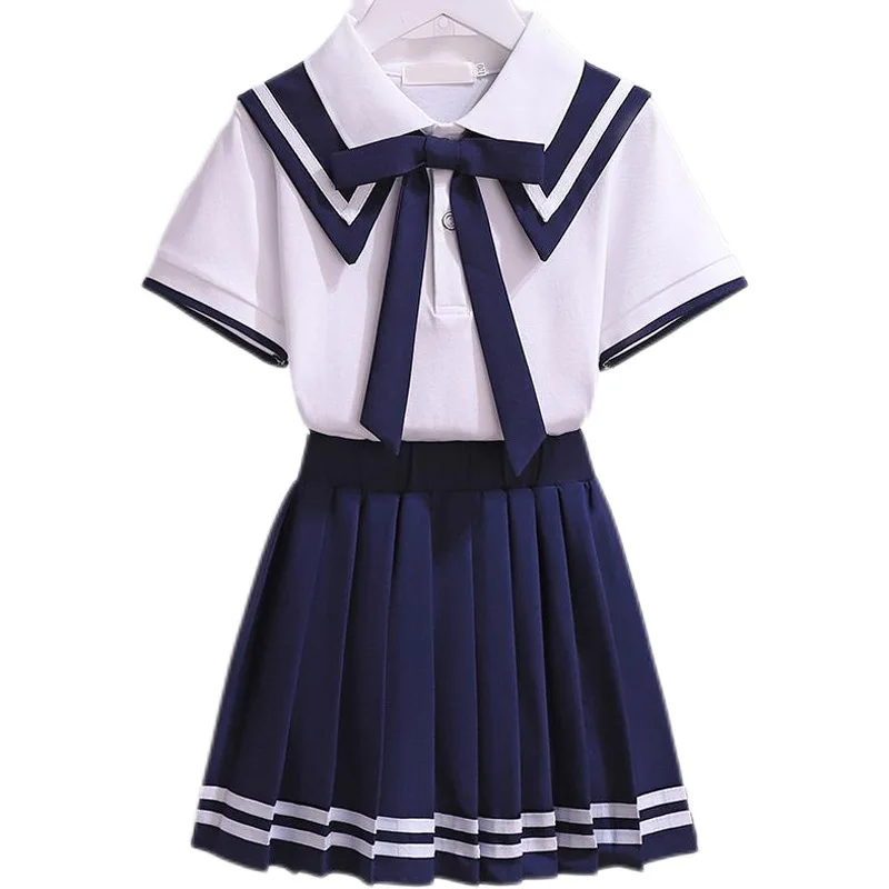 

Girls' JK Uniform Clothes Summer Short-sleeved Shirt+Pleated Skirts Japanese School Uniforms,, Navy College Style Pleated Skirt