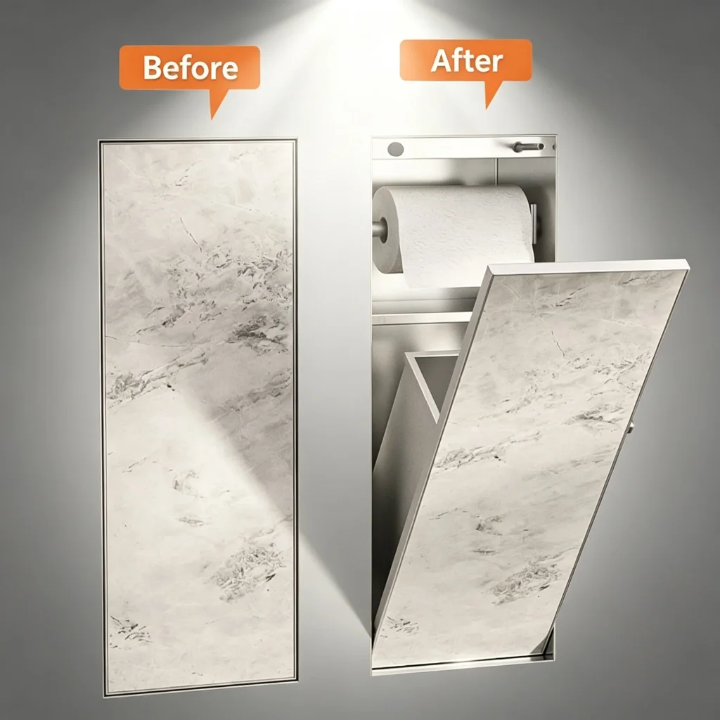Stainless Steel Recessed Wall Niche Cabinet with Built-in Trash Can, Wall Mount Bathroom Storage Rack for Toilet Side