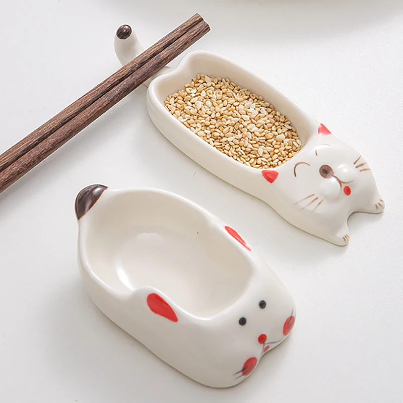 Cute Cat Ceramic Small Dish Mini Mustard Pesto Tomato Ketchup Soy Sauce Dish Seasoning Plates With Handle For Home Restaurant