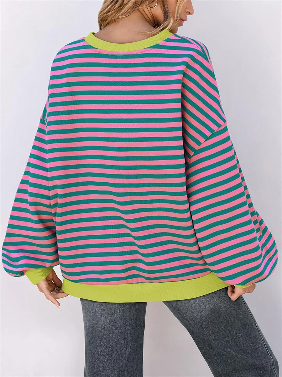 Women Crew Neck Sweatshirts Cute Striped Print Loose Long Sleeve Pullovers Casual Fall Workout Tops Autumn Streetwear