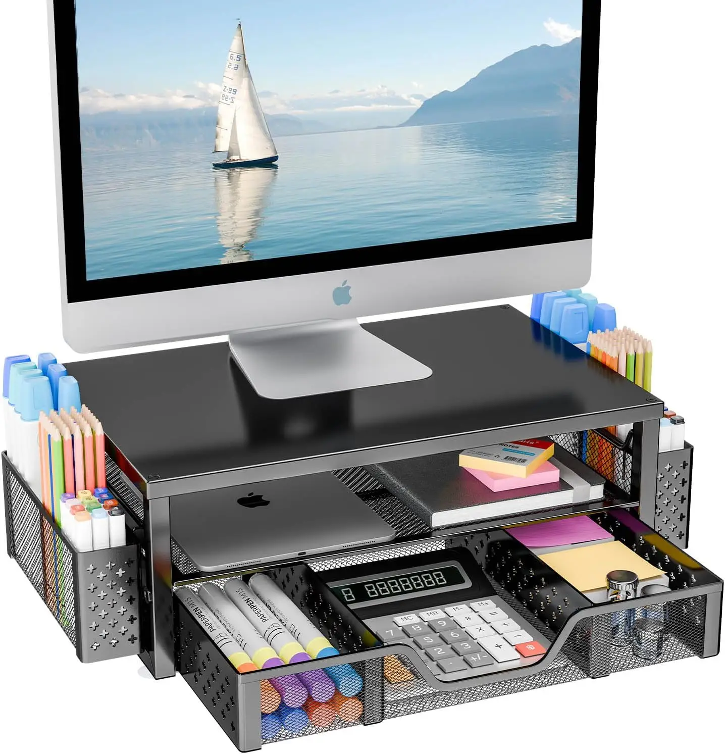 

2-Tier Computer Monitor Stand Riser with Drawer and 2 Pen Holders, Desk Organizer for Home Office, Black