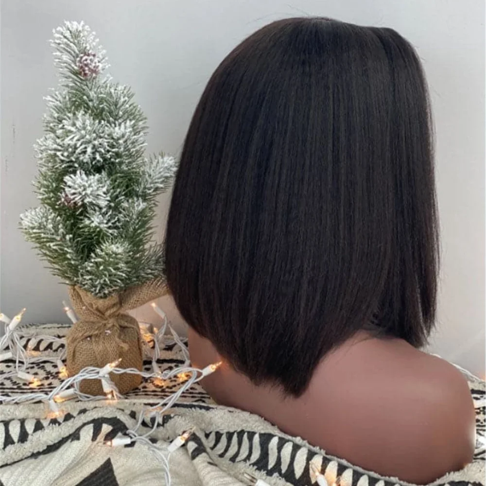 Natural Black Yaki 24Inch 180Density Kinky Straight  Lace Front Wig For Arican Women Babyhair Preplucked Heat Resistant Glueless