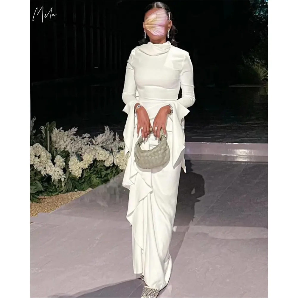 

Mila White High Neck Long Sleeve Party Dresses Empire Waist Satin Evening Dresses Sheath Floor-Length Customized Prom Dresses