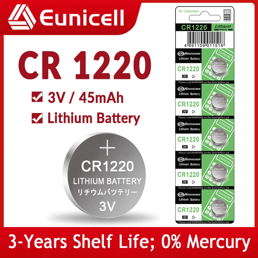 Eunicell NEW 45mAh CR1220 Button Coin Cell Battery For Watch Car Remote Key CR 1220 ECR1220 GPCR1220 5012LC 3V Lithium Batteies