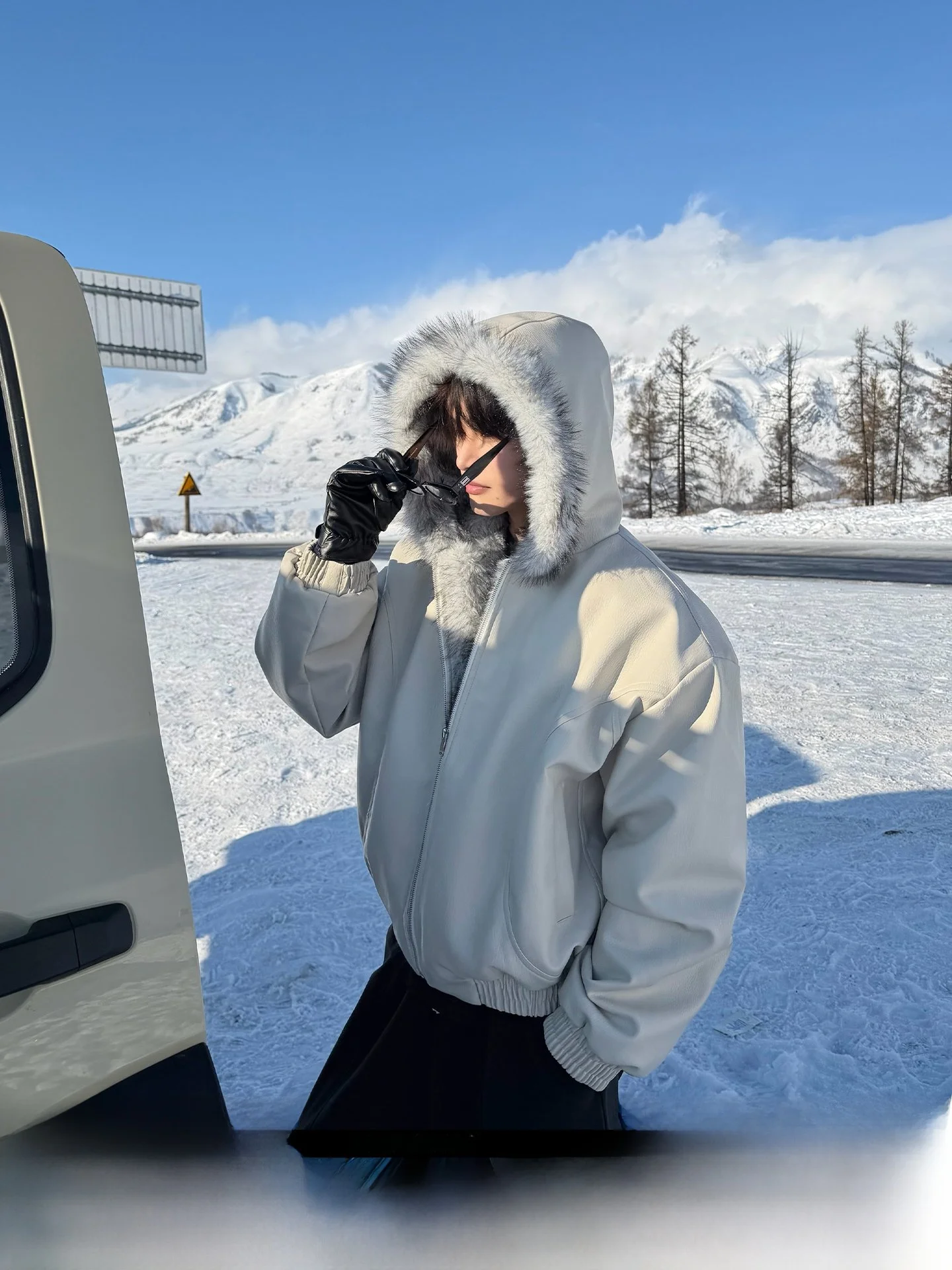 

CuiBuju American Retro Faux Fur Collar Hooded Biker PU Leather Jaet Warm Fce Lined Outerwear Youth Casual Long Sve Coat