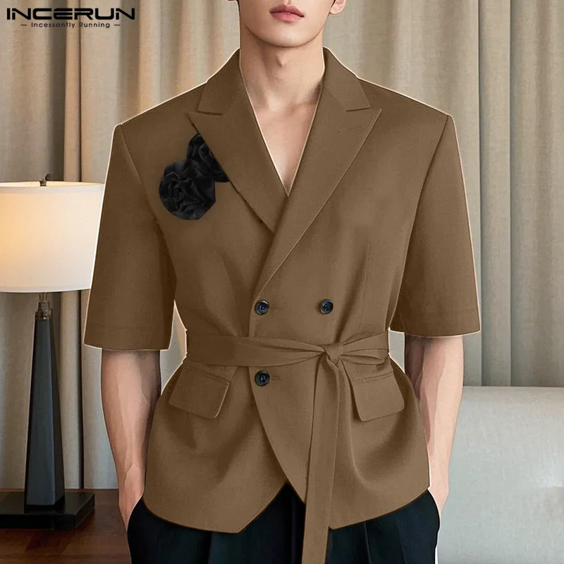 INCERUN Men Blazer Flower Patchwork Lapel Half Sleeve Casual Male Suits Autumn Streetwear 2026 Double Breasted Men Thin Coats