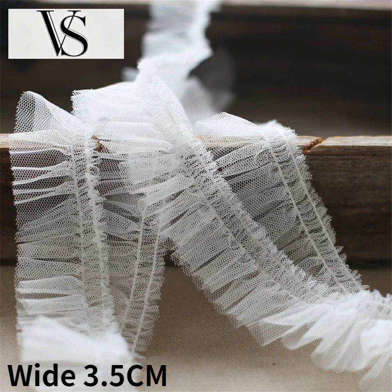 Mesh Ruffle Needlework Collar Cuffs Edge Dress Trim Applique Material Sewing 3.5CM Tulle Wide Wrinkled Guipure Lace Fabric