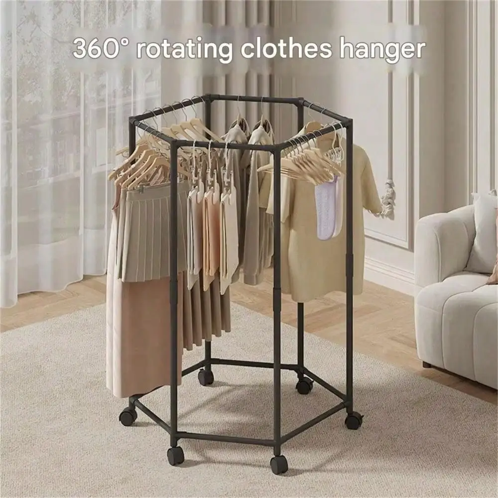 Multifunctional Floor-Standing Metal Clothes Hanger Home Bedroom Clothes Storage Rack Hexagonal Shelf Detachab