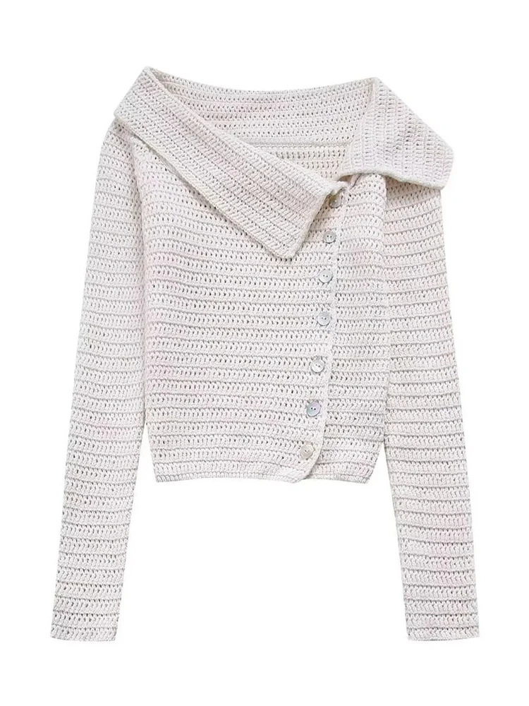 

Summer Fashion Turn-Down Diagonal Collar Hollow Out White Short Sweater Women Single Breasted Casual White Knitted Cardigan Tops