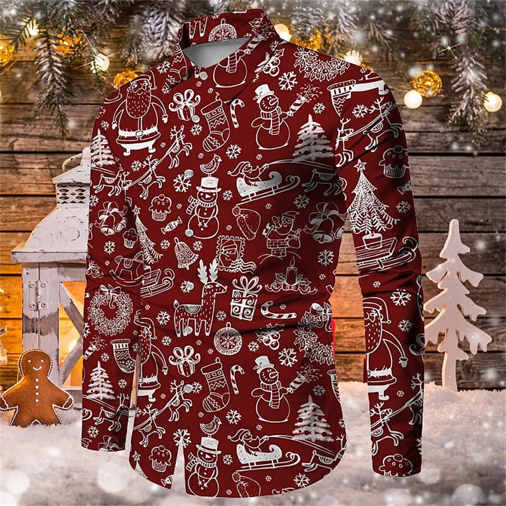 Men Long Sleeve Shirt X‑mas Doodle Sketch Pattern Print Turn‑down Collar Button‑up Casual Snowman Reindeer Holiday Party Top
