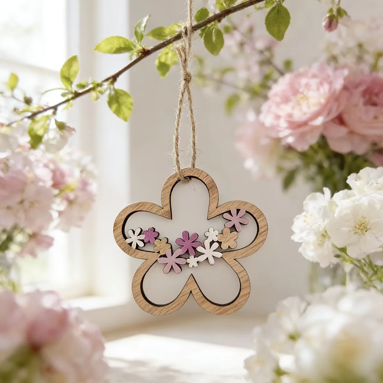 4pcs Wooden Flower Hanging Ornaments Suitable For Spring Decoration, Style Buds With Hanging Loops - Spring/Easter Wall Decor