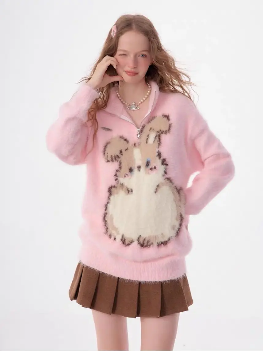 Zipper Stand Collar Plush Pink Sweaters for Girls Cute Rabbit Y2K Printed Kawaii Winter Coats Women Lovely Oversized Korean Tops