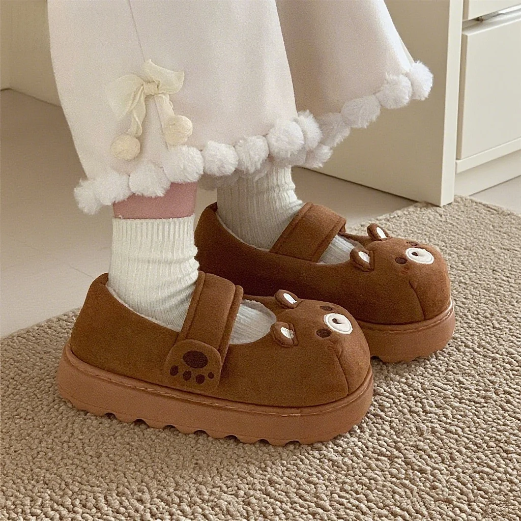 

Cute Bear Pattern Bean oes Women's Winter Soft Cute Lolita Thi Bot Mary Janes Cotton oes Casual round Toe Flat Heel