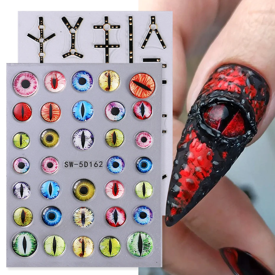 2 Stück 5D Dragon Eye geprägte Nagelaufkleber Teufelsaugapfel schwarzer Gürtel Abziehbilder Halloween Urlaub Sliders Gothic Stil Maniküre Folien