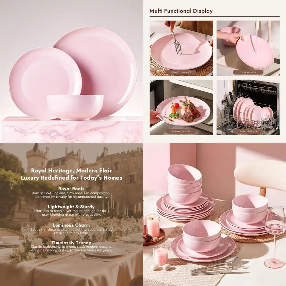 

Elegant 12-Piece Pink Bone China Dinner Set for 4, Lightweight & Durable, Dishwasher Safe for Everyday Use