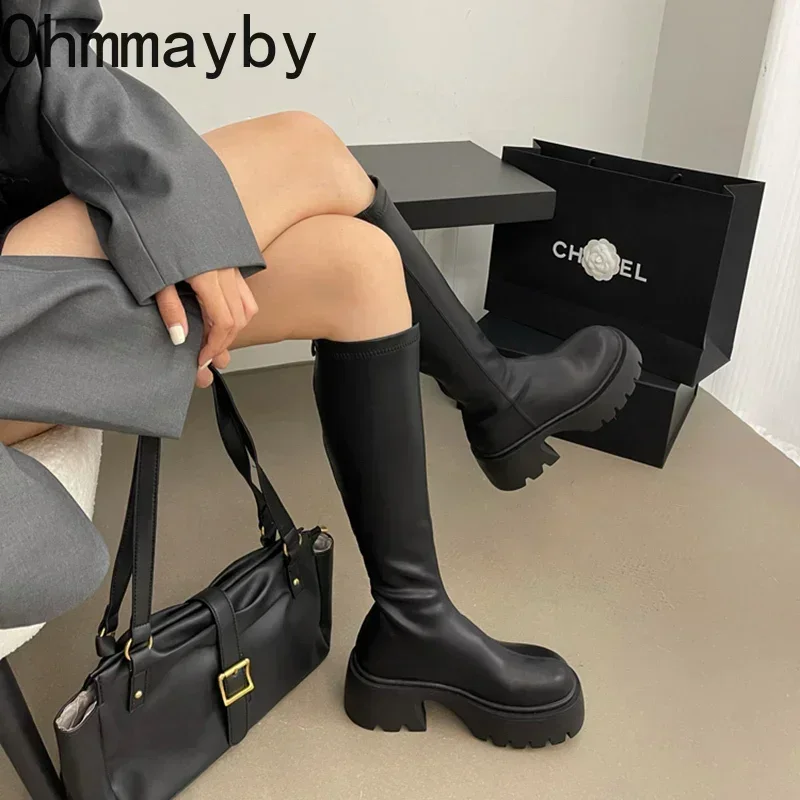 Winter High Boots For Women Fashion Back Zippers Long Boots Female Elegant Platform Thick Bottom Women\'s Knight Botties