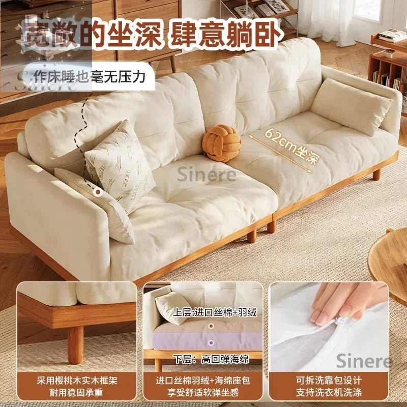 

Cherry wood Japanese log wind cloud sofa living room small apartment three-person cream flannel removable and washable furniture