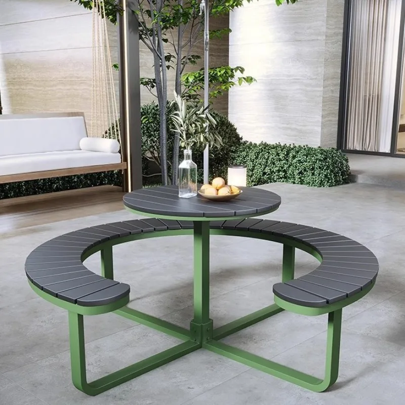 Outdoor anti-corrosion plastic wood table and chair combination garden park integrated round table scenic commercial round table