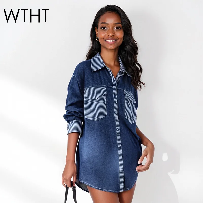 

WTHT Fashion New Women's Patchwork Striped Pockets Lapel Loose Shirt 2025 Autumn Trendy Long Sleeves Blouse Female 1LS2436