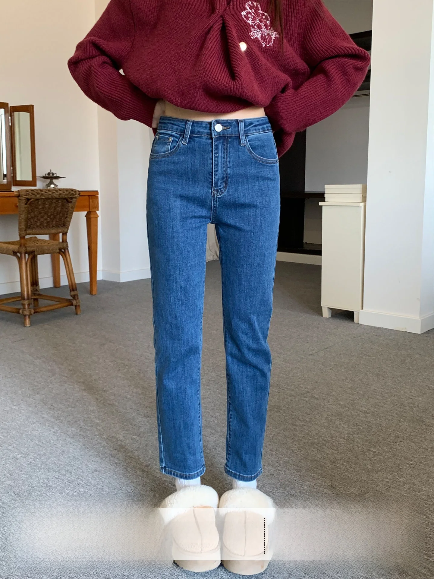 

Deep Blue High Waist Women's Jeans Autumn Winter Nine Points Slim Fit Pants Vintage Sle Stand Edition Ladies Commute