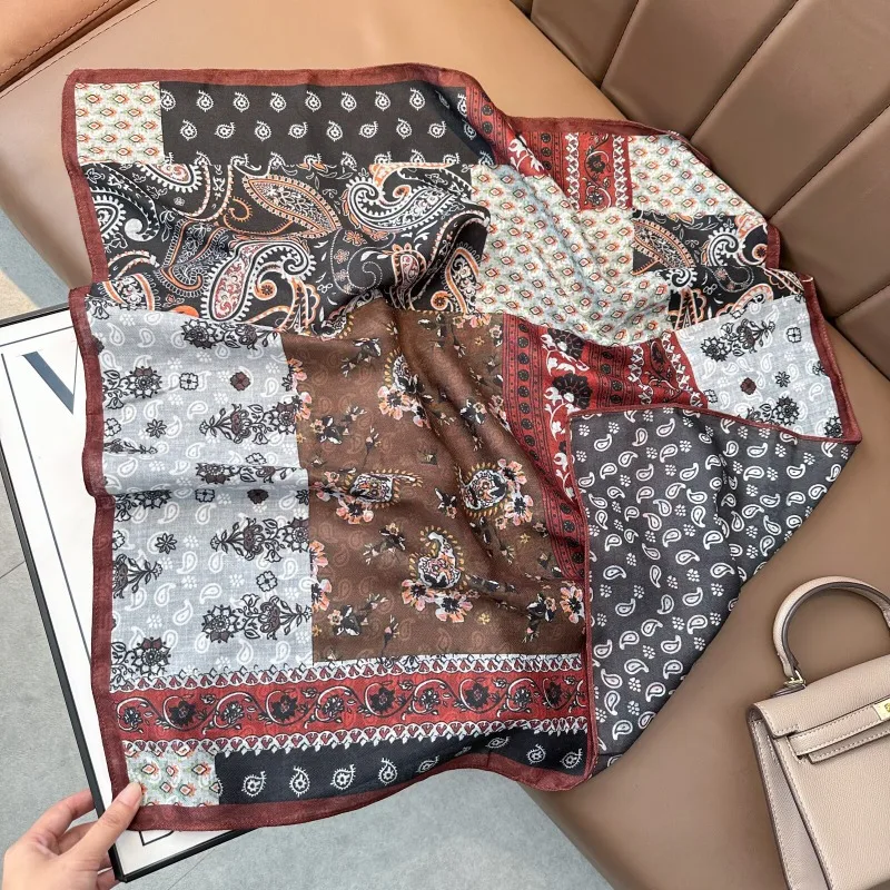 Velvet 70cm Square Scarf Double Sided Different Color Cotton Linen Feel Fashion Shawl Neck Kerchief For Spring Autumn