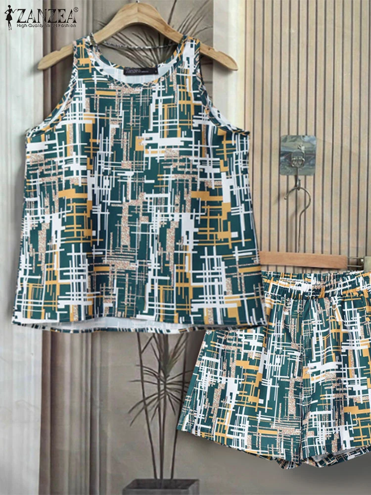 

ZANZEA 2025 Casual Korean Style Outfits Women Shorts Sets Sleeveless Tops Elastic Waist Shorts Pocket Printing Matching Sets 2PC