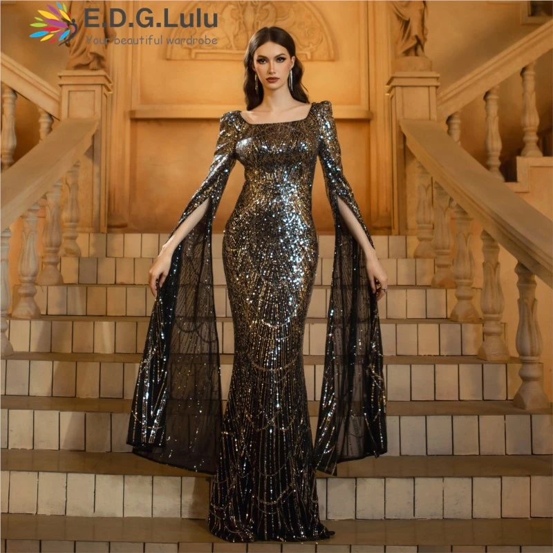 

EDGLuLu Square Collar And Extra Long Sleeves Birthday Dress Luxury Black Silver Glitter Sequin Long Mermaid Evening Dress 0430