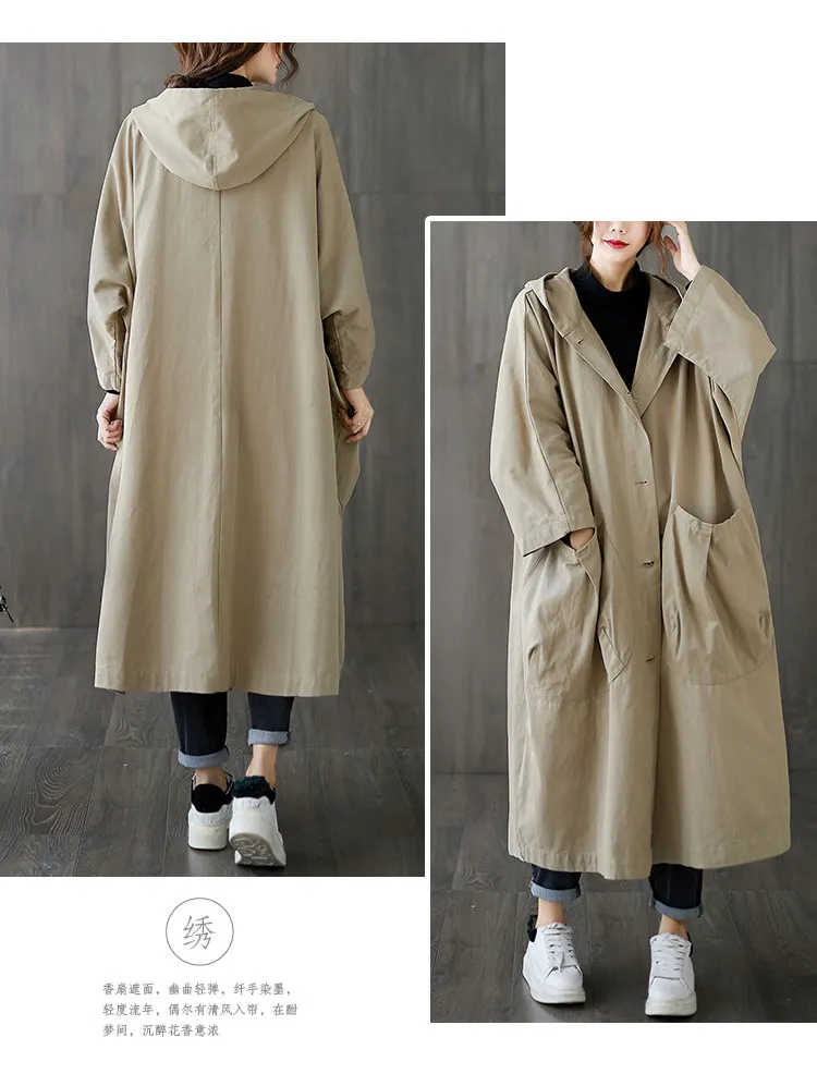 Lässiger, übergroßer, langer Damen-Trenchcoat mit großen Taschen, knielang, mit Kapuze, winddicht, warm, mit Knöpfen, Mädchen-Trenchcoat – Detail 7