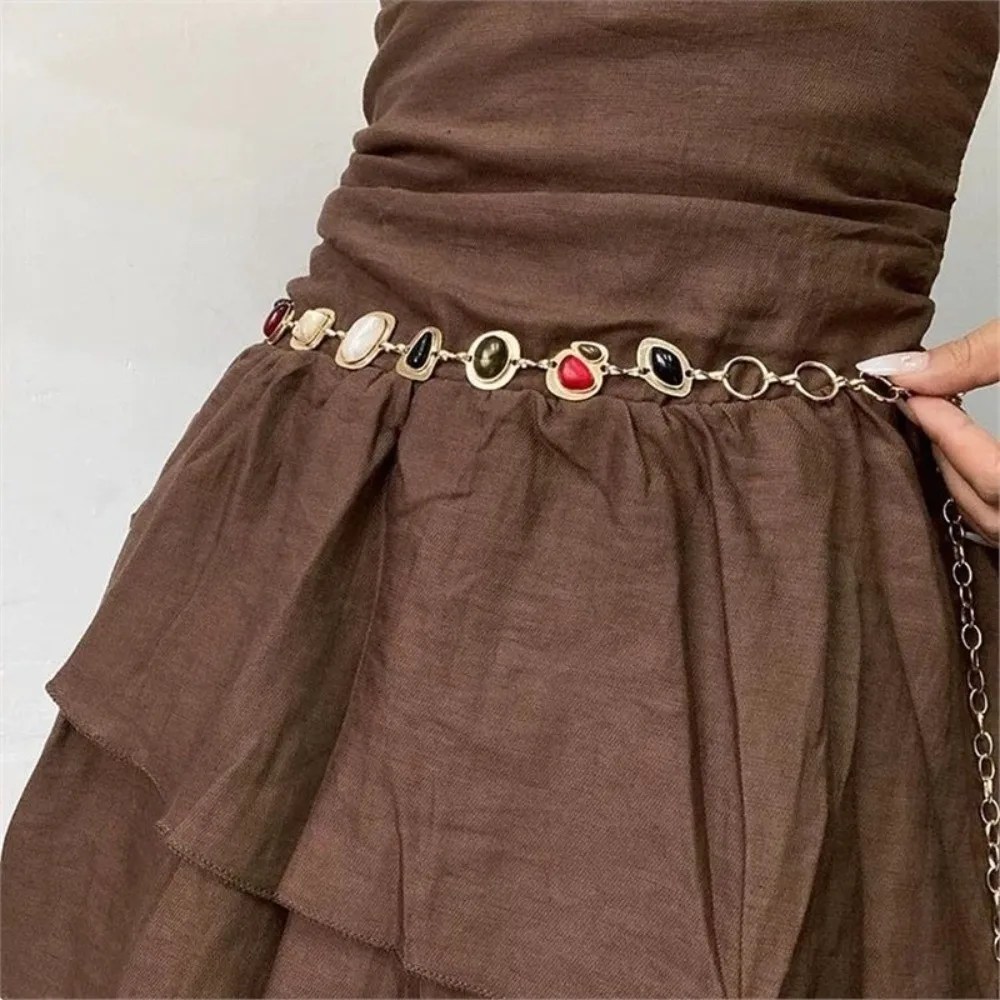Fashion Vintage Simulated Gemstone Waist Chains Adjustable Personality Belt Chain Versatile Boho Hip Chain for Women