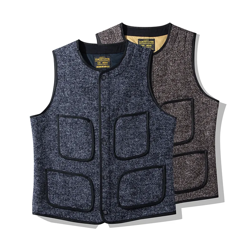 Brown's Beach Jacket Tweed Wool Vests Round Neck Multi-Pocket Double-Layer Wool Vest for Men Single-Breasted Top Sleeveless Coat