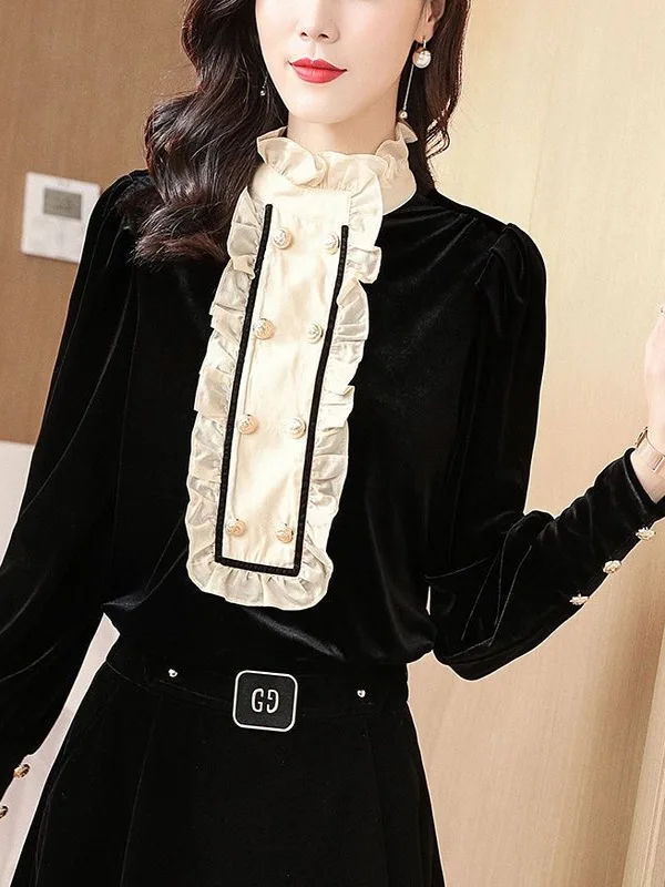 

Faionable Long Sve Velvet irt, женский осенне-зимний новый бархатный топ с воротником-стойкой в стиле пэчворк Ele Gold для девочек