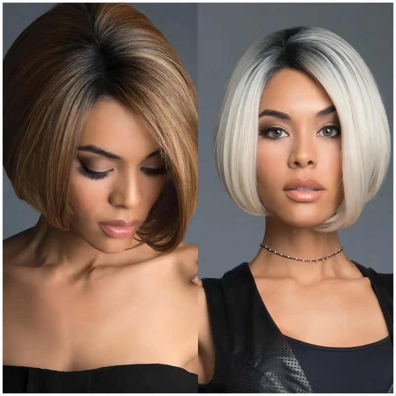 European and American female celebrity short brown hair gradient dyed student wig cosplay headpiece