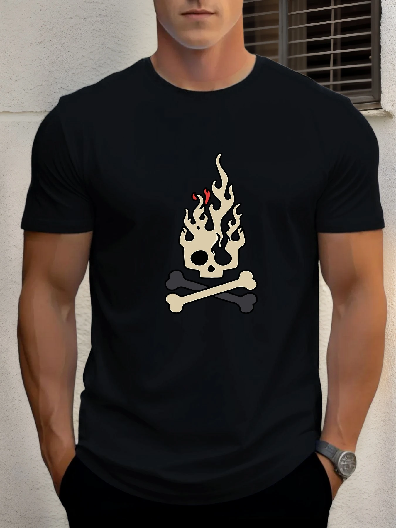 

T Shirts For Men Flame Skull 100% Cotton Graphic Printing Summer Round Neck T-Shirt Casual Breathable Street Style Daily Top